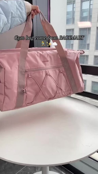 gym bag, duffel bag, sports bag, travel duffel, workout bag, product demo, brand awareness, ugc style, lifestyle, fresh, playful, pink, neutral